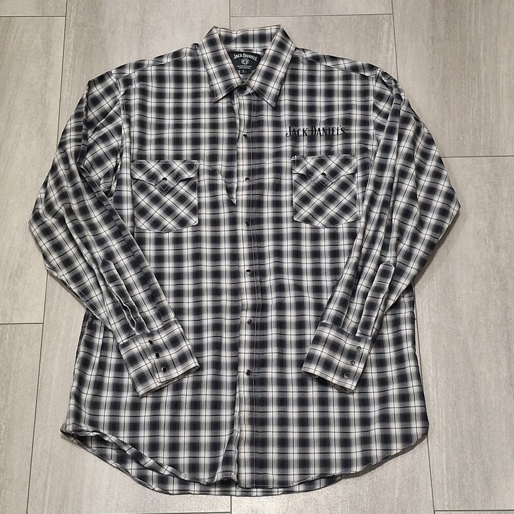 Jack Daniel’s Shirt Men’s Large Pearl Snap Long Sleeve Black White Plaid Whiskey